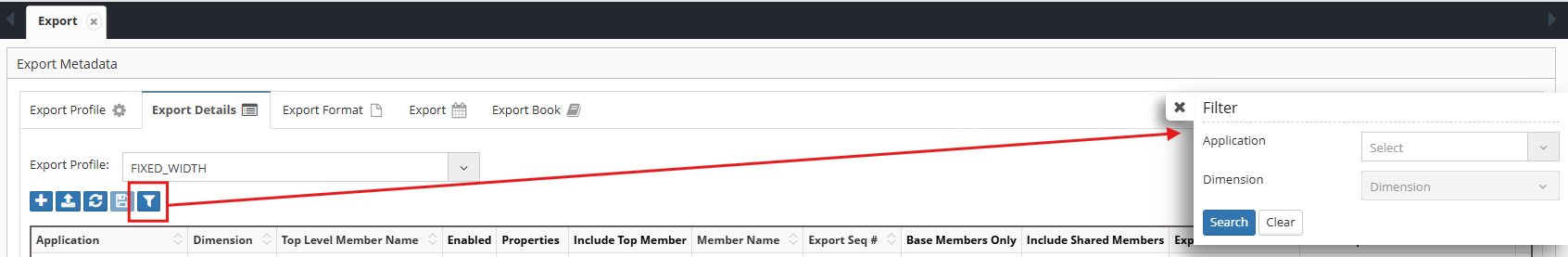 Export Details filter menu